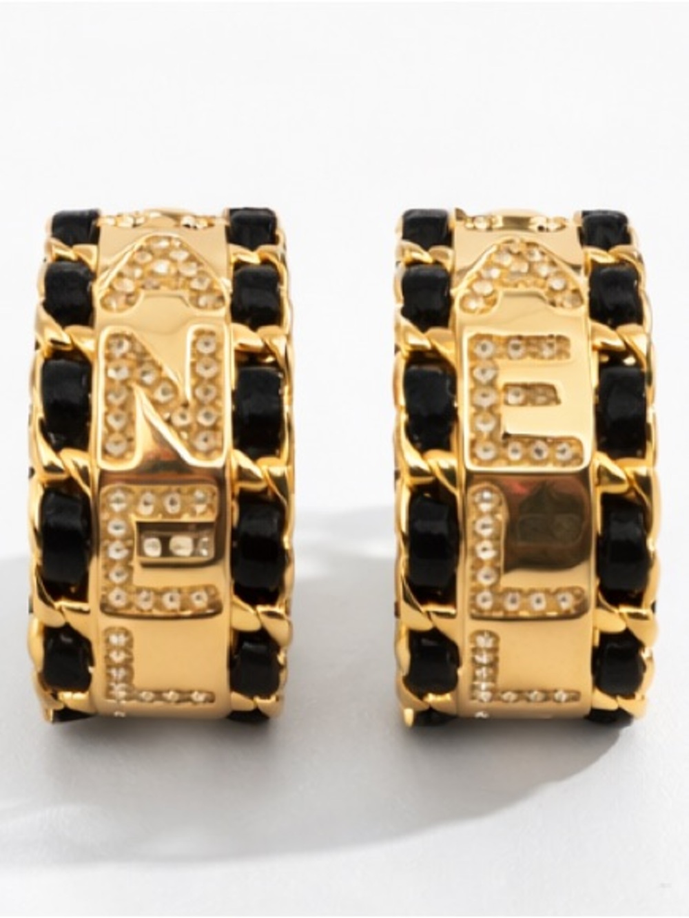 Designer Inspired Logo Chain Hoop Earrings Gold Black Rhinestone